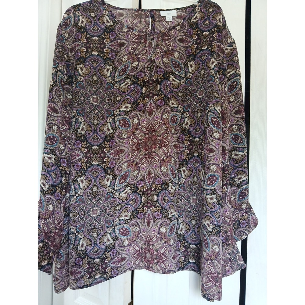 J. Jill Paisley Top Keyhole 3X Boho Ruffle Edge Bell Sleeve Whimsy Goth Womans